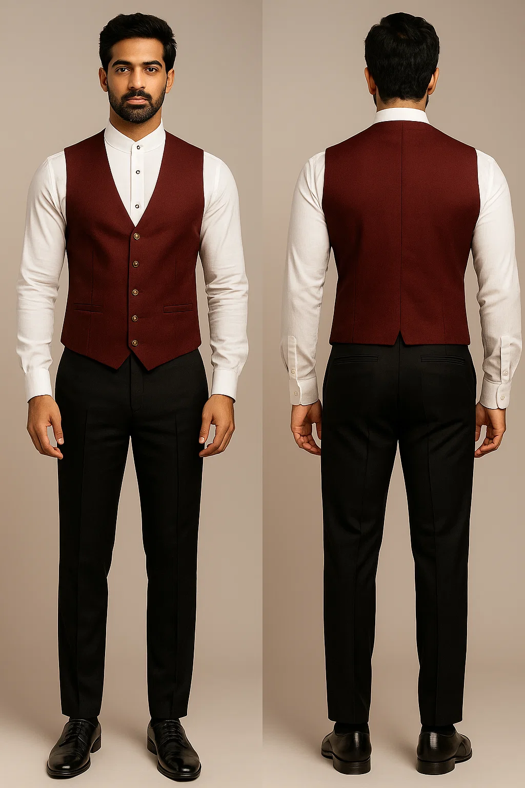Bellagio uniform, front and back: burgundy waistcoat over a white band-collar shirt with black tailored trousers